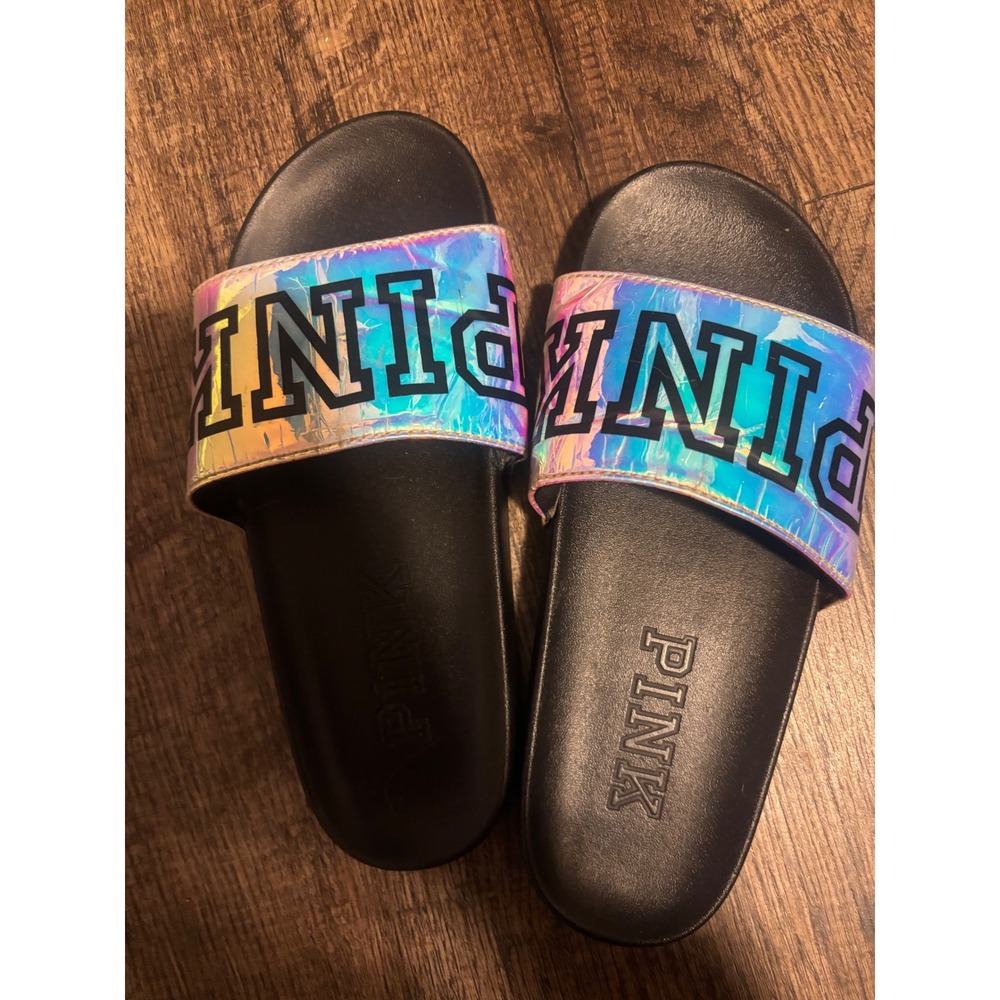 Victorias Secret PINK Holographic Iridescent Slide Sandals Womens Black Multi
